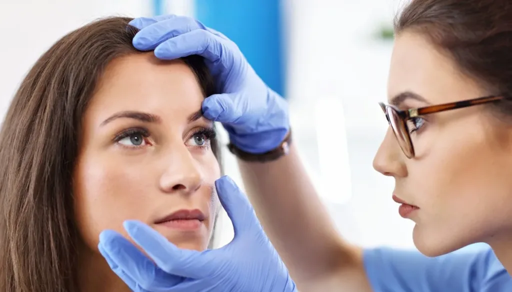 Adult woman having a visit at female oculist's office